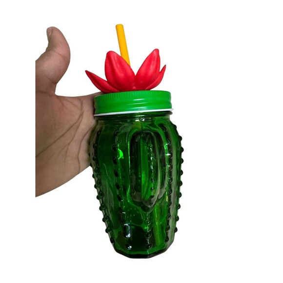 Lot of 2 Cactus Mason jar Mug Glass pink flower with metal lid - straw - Picture 6 of 6